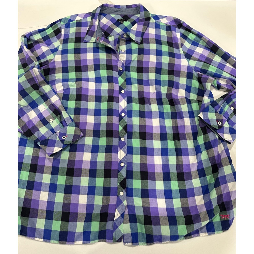 Talbots Woman 3X Plaid Button Down Shirt Purple Green Blue Cotton Long Sleeve